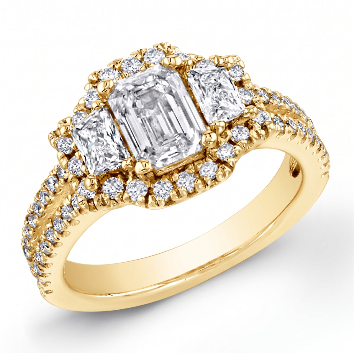 Yellow_gold_halo_emerald_and_trapezoids_split_shank_ring