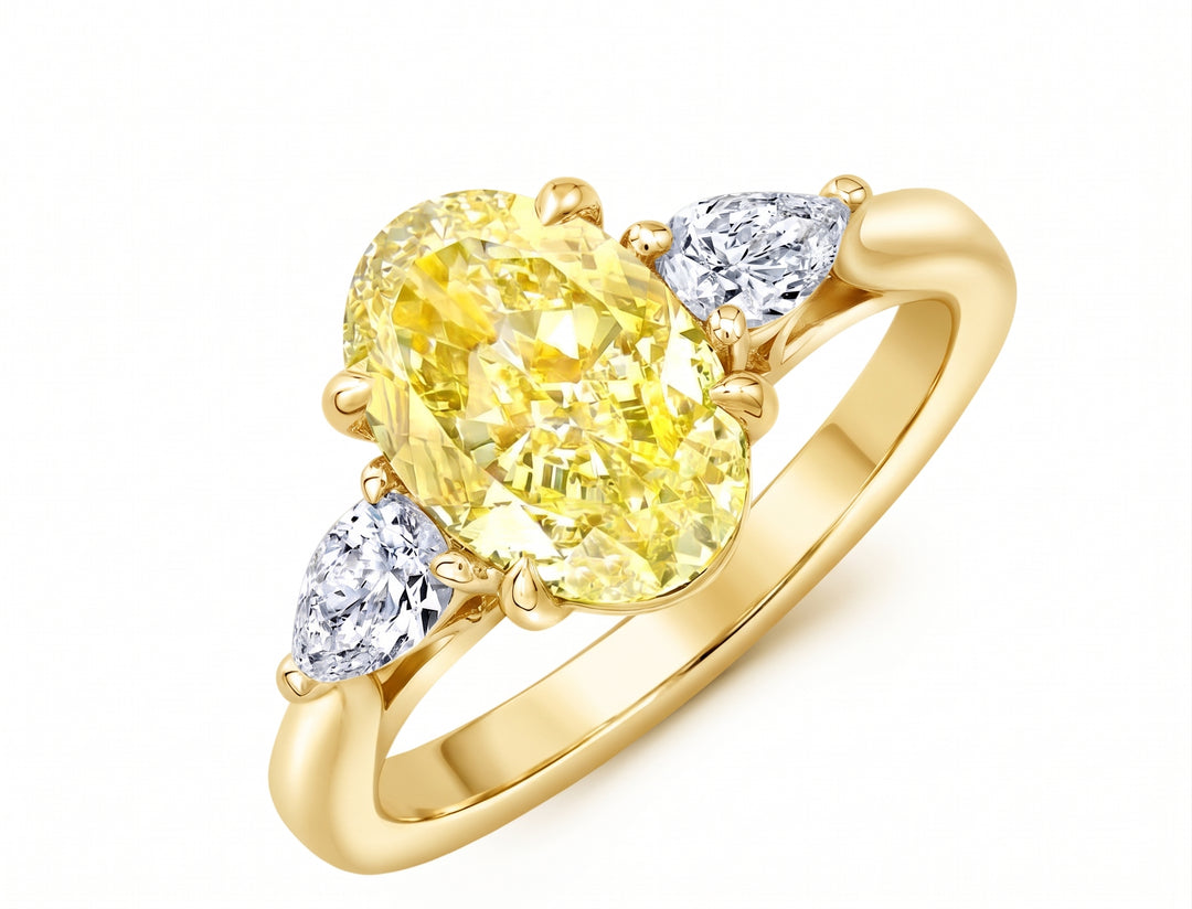 Lab Grown Yellow Oval Cut & Pear Shape 3-Stone Diamond Ring VVS2 IGI Certified