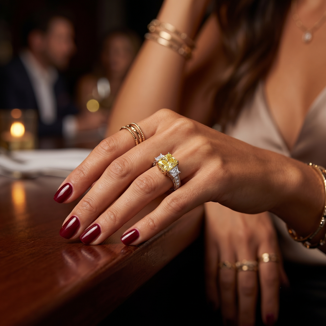 Close-up of a hand wearing a yellow diamond ring on a wooden surface with blurred background