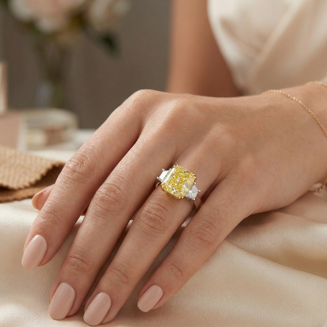 Hand wearing a yellow diamond ring with a blurred background
