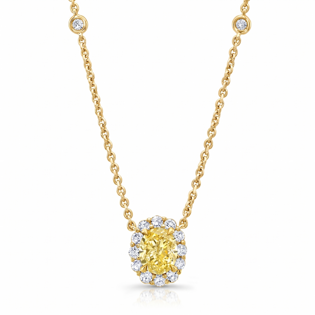 2.20 Ctw Halo Oval Fancy Yellow Diamond Necklace VVS2 GIA Certified