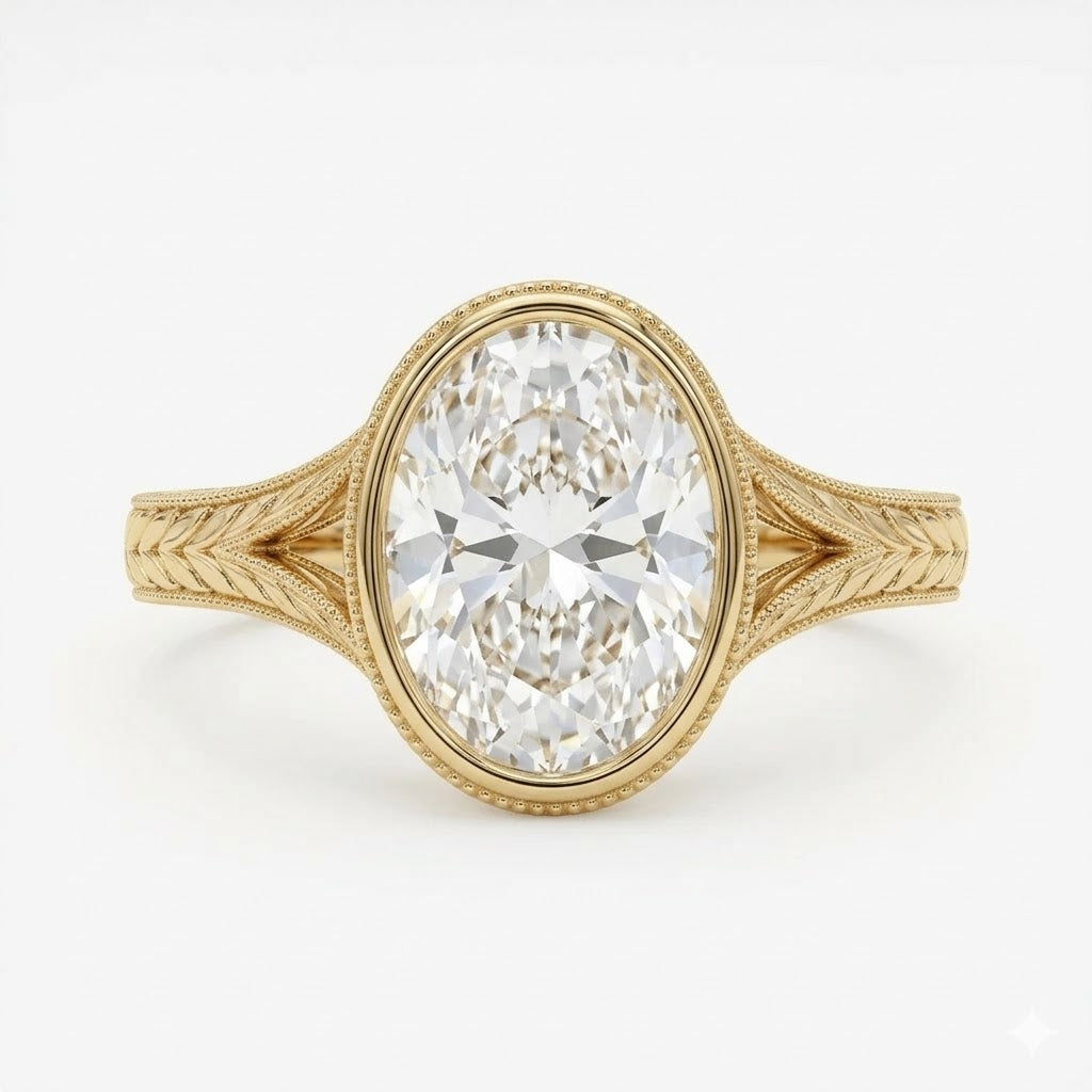 Oval bezel diamond with engraved split shank ring in yellow gold