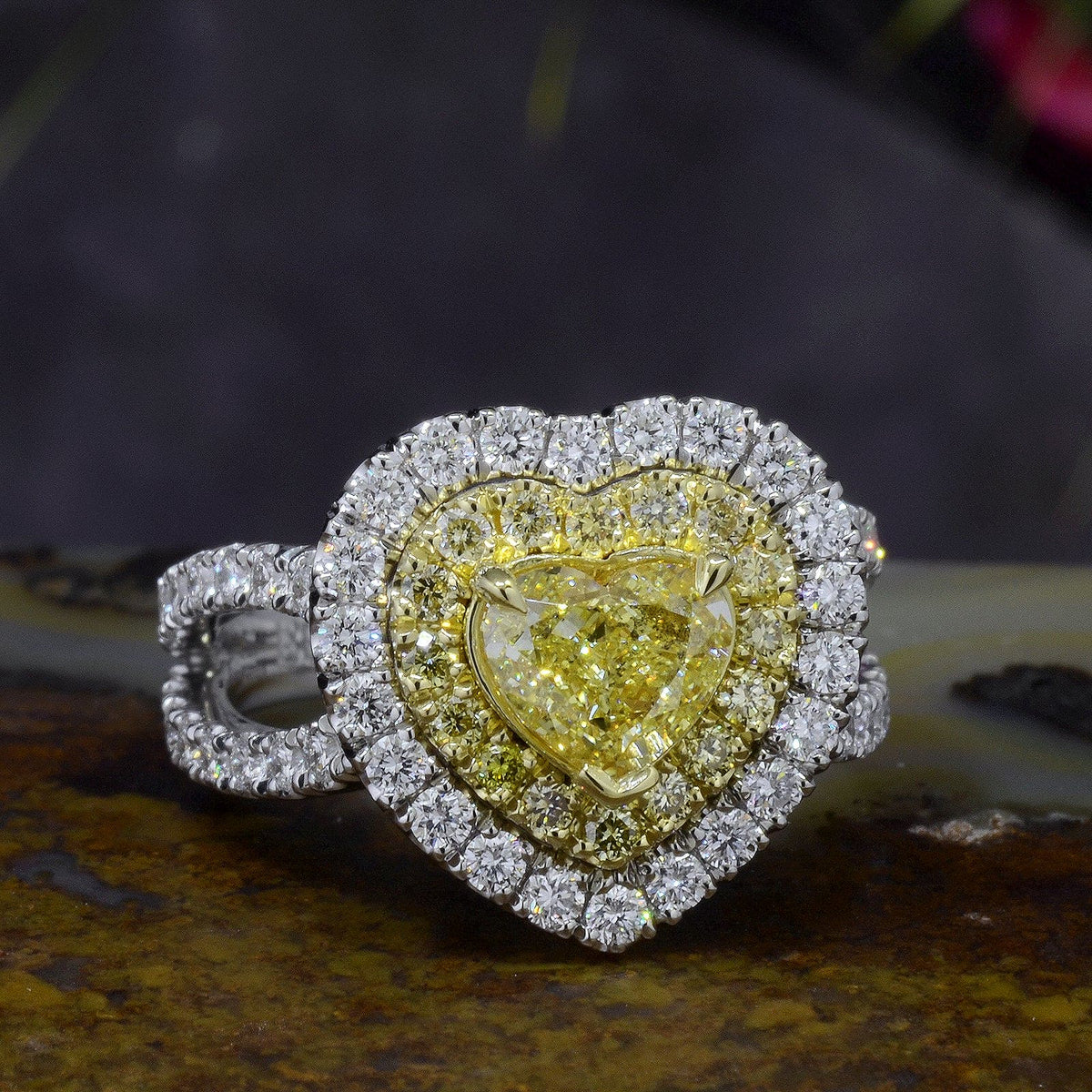 Yellow heart shape diamond ring front