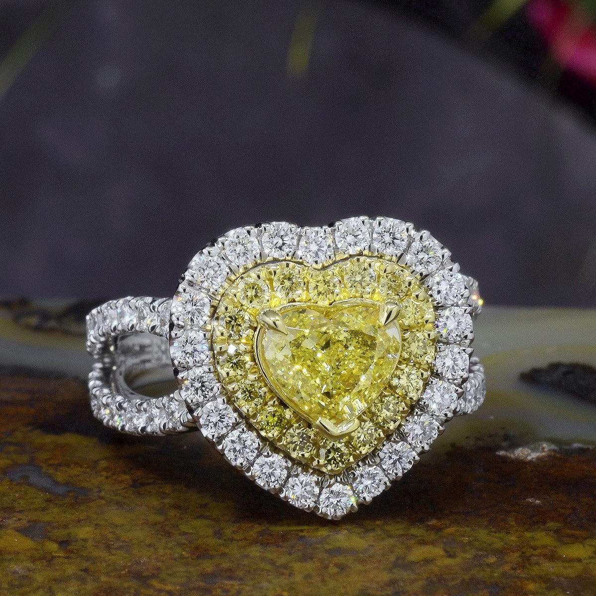 Heart shape fancy yellow canary halo engagement ring