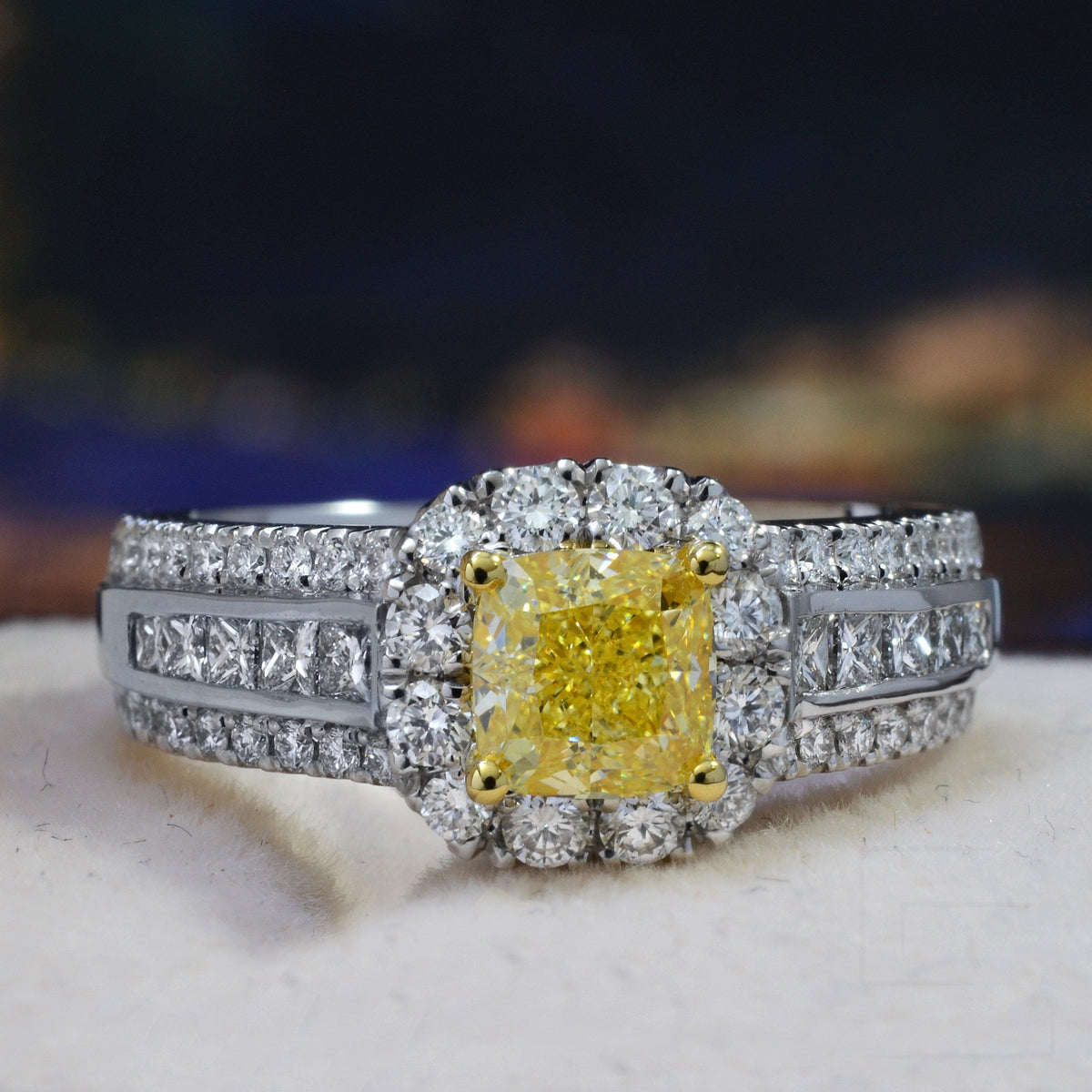 Yellow cushion cut diamond ring