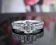 2.10 Ct Emerald Cut 3 Stone Engagement Ring with Accents F Color VS1 GIA Certified
