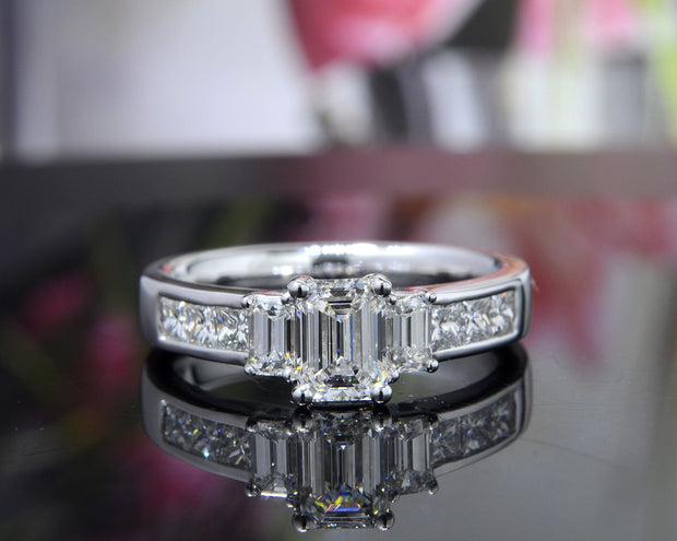 Emerald Cut 3 Stone Diamond Ring  Front View
