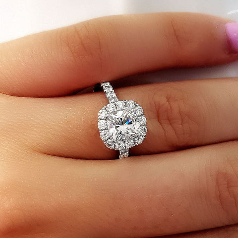 Classic Halo Cushion Cut Engagement Ring on Hand