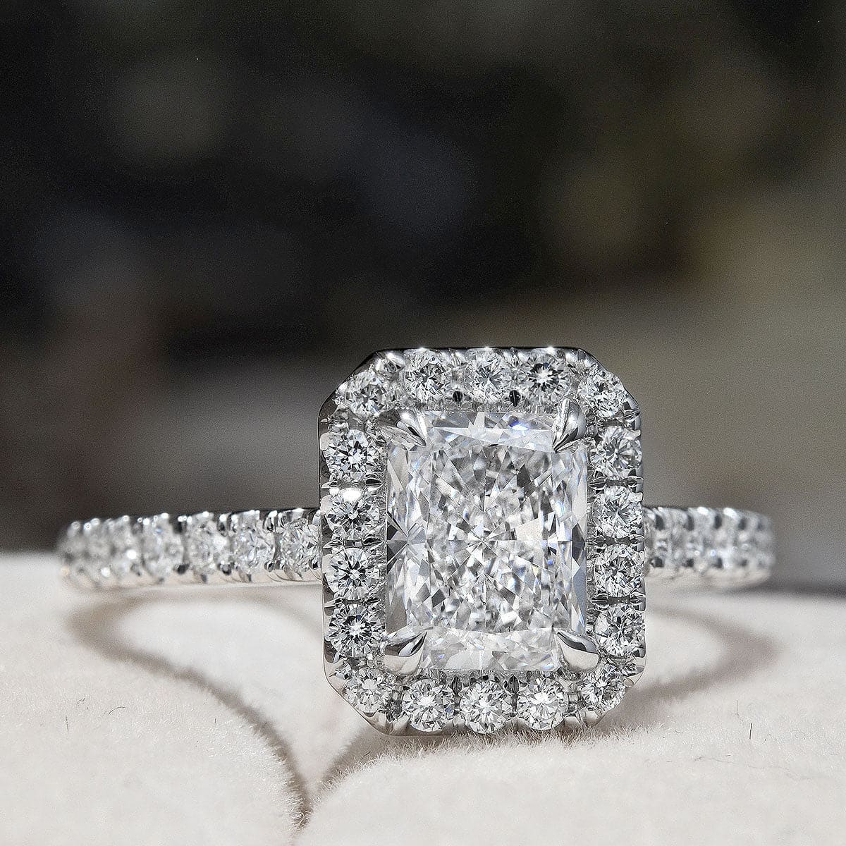Halo radiant cut engagement ring