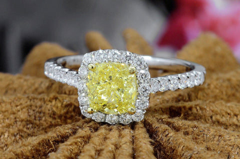 Halo Canary Cushion Cut Diamond Ring Fancy Yellow
