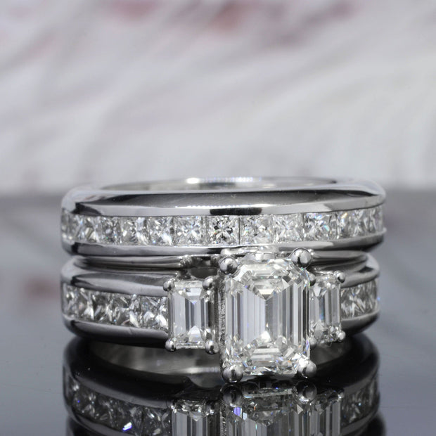 3.10 Ct. Emerald Cut Princess & Baguette Diamond Ring J Color VS1 GIA Certified