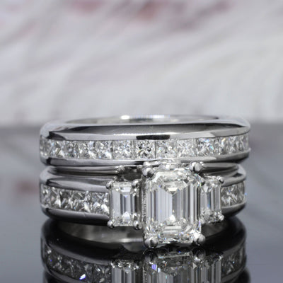 Emerald Cut 3 Stone Engagement Ring Set