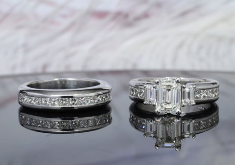 3 Stone Emerald & Princess Engagement Ring Set 