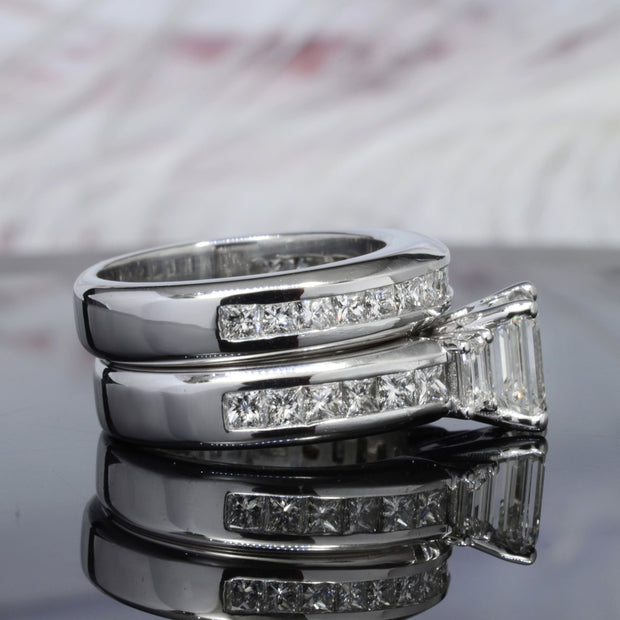 3 Stone Emerald & Princess Engagement Ring Set Side Profile