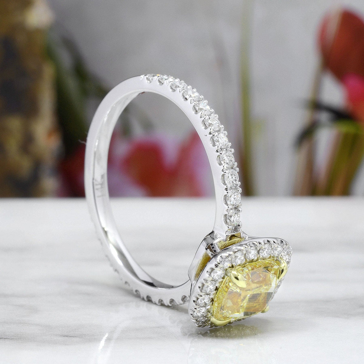 Halo canary diamond engagement ring side view