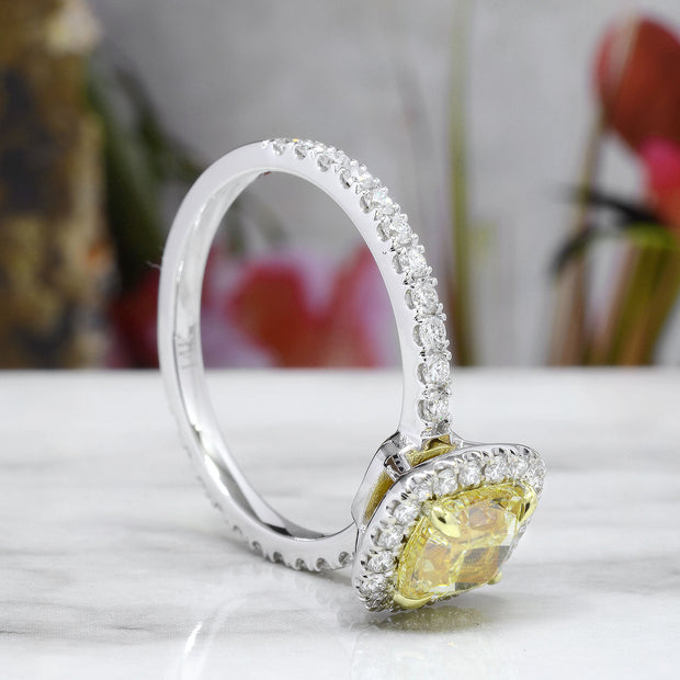 2.90 Ct. Halo Canary Fancy Light Yellow Cushion Engagement Ring VS2 Clarity GIA Certified