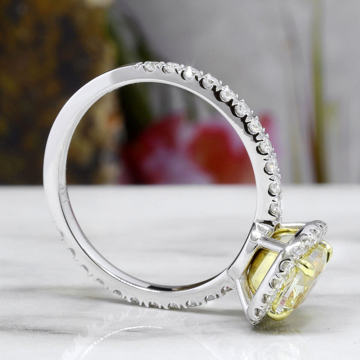 Halo canary diamond engagement ring profile view