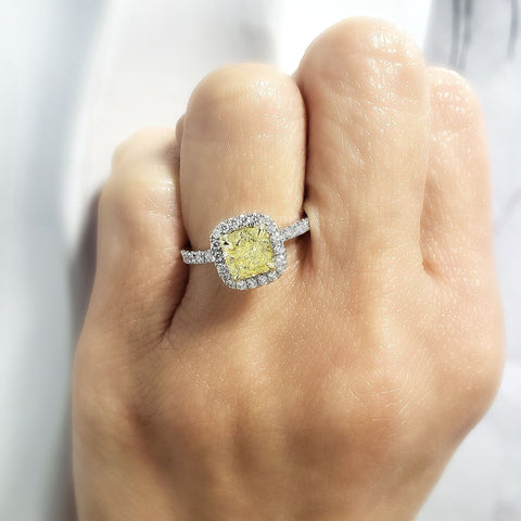 Halo Canary Fancy Light Yellow Cushion Diamond Ring on Hand