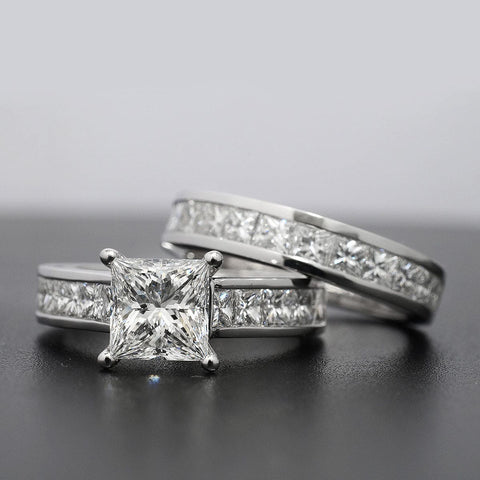 2.10 Ct. Princess Cut Engagement Ring with Wedding Band G Color VVS2 GIA Certified