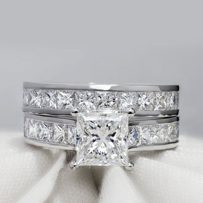 3.40 Ctw Princess Cut Engagement Ring & Matching Band I Color VS1 GIA Certified