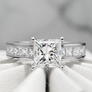 3.40 Ctw Princess Cut Engagement Ring & Matching Band I Color VS1 GIA Certified