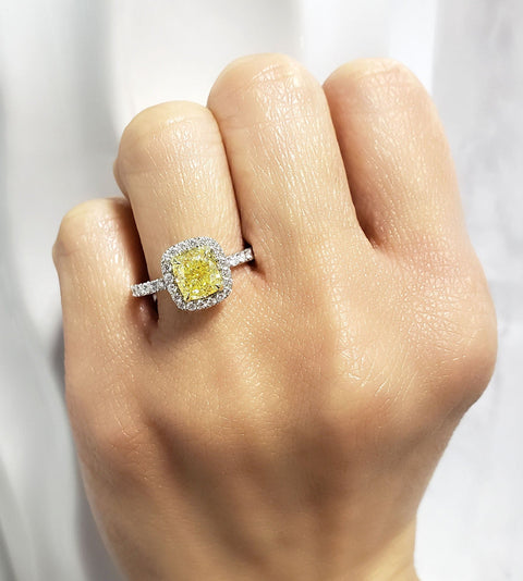 Fancy Yellow Halo Cushion Cut Engagement Ring  on Hand