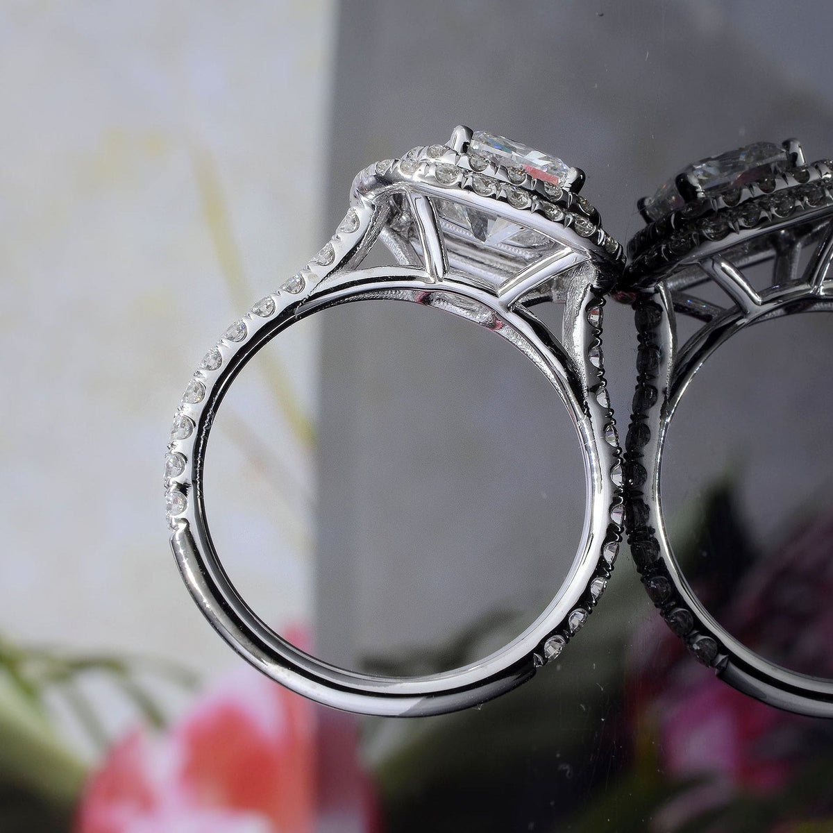 Double halo cushion cut engagement ring side profile
