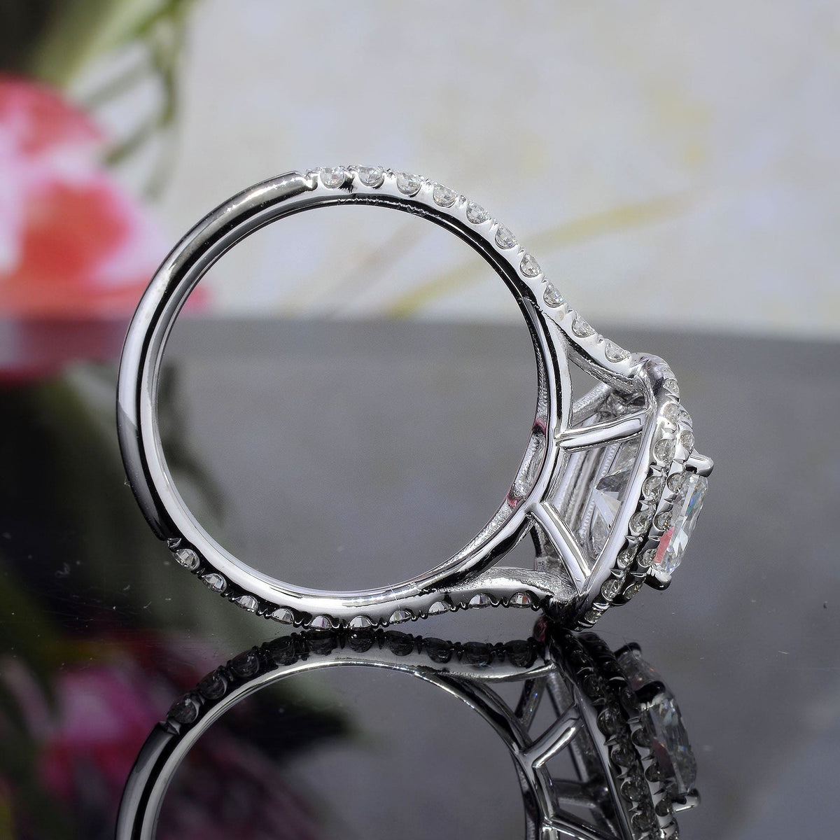 Double halo diamond engagement ring side view