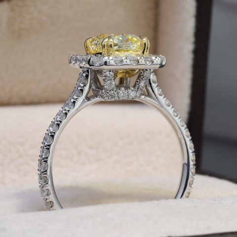 1.90 Ct. Halo Fancy Yellow Radiant Cut Canary Diamond Ring VS1 GIA Certified