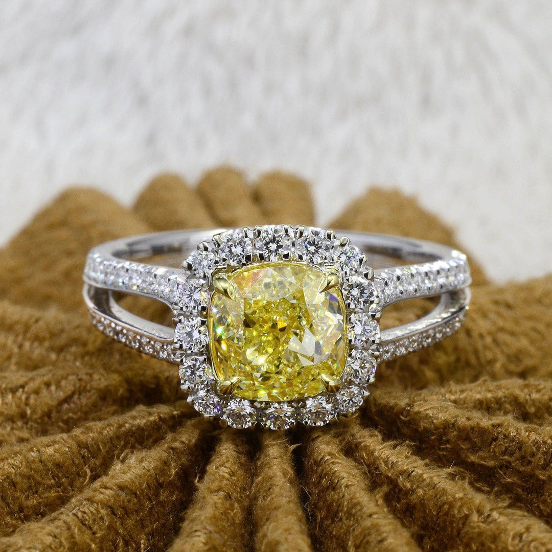 2.25 Ct. Canary Fancy Yellow Cushion Cut Halo Diamond Ring VS2 GIA Certified