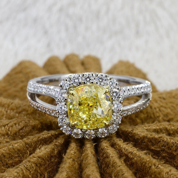 2.25 Ct. Canary Fancy Yellow Cushion Cut Halo Diamond Ring VS2 GIA Certified