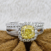 Canary Fancy Yellow Cushion Cut Halo Diamond Ring Set