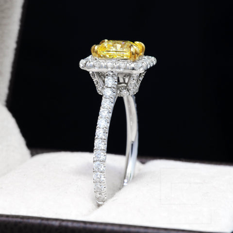 2.70 Ct. Canary Fancy Yellow Cushion Halo Engagement Ring VS2 GIA Certified