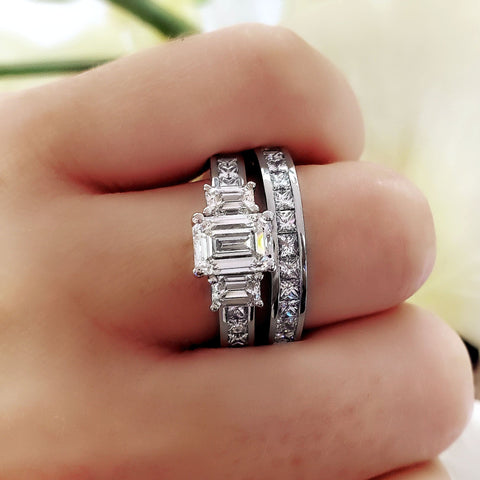 Emerald Cut 3 Stone Diamond Ring Set on Hand
