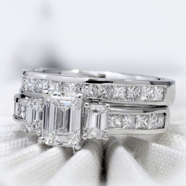 3.20 Ct. 3 Stone Emerald Cut & Baguette Diamond Ring H Color VVS1 GIA Certified