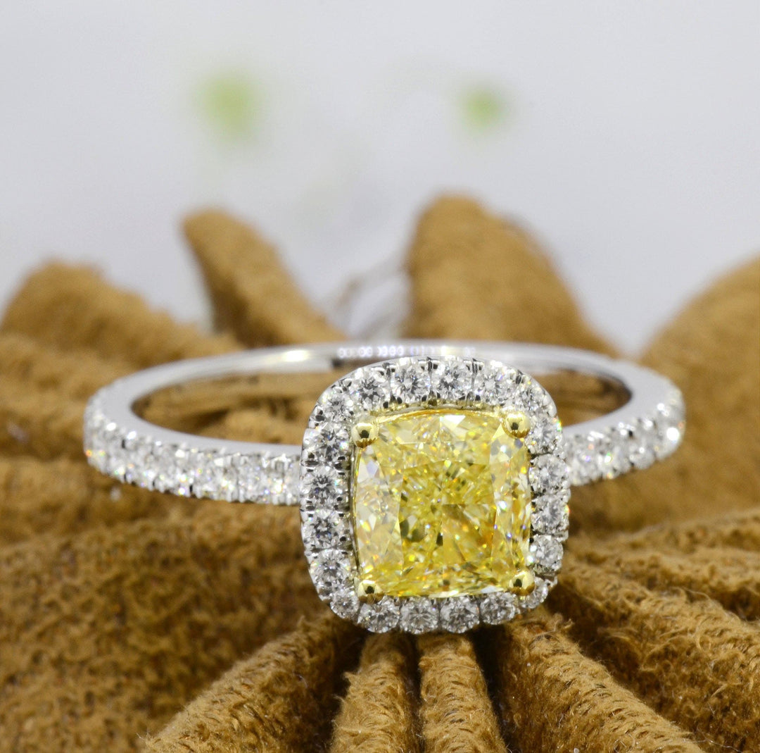 Halo Canary Cushion Cut Diamond Ring Fancy Yellow