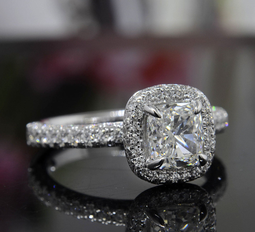 Cushion Cut 3 Row Pave Halo Round Diamond Ring | 2.25 Carat H VS2 GIA