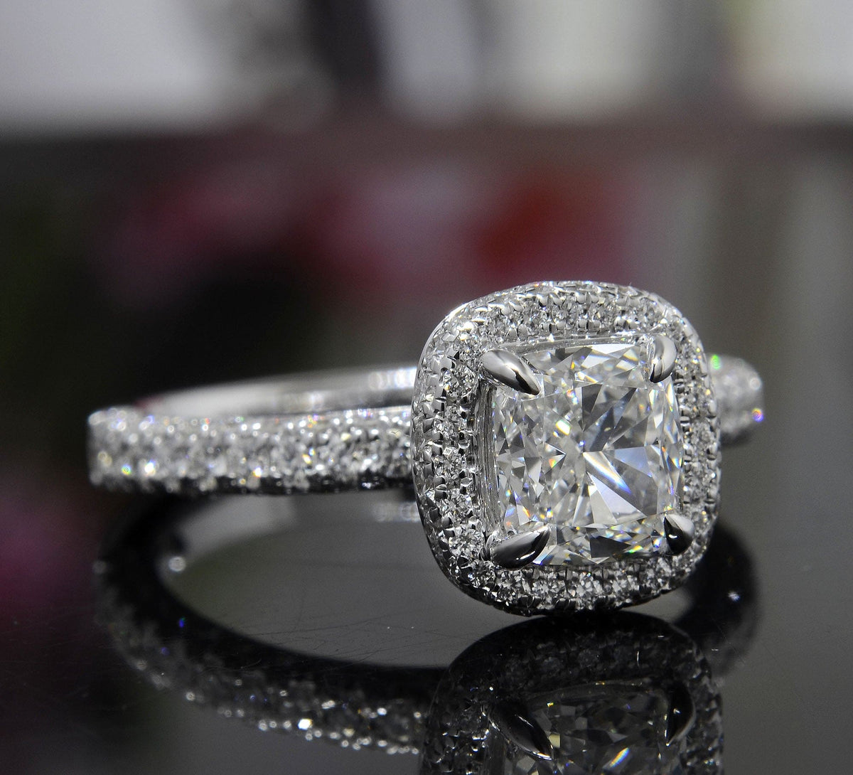 Cushion cut 3 row pave halo round diamond ring | 2