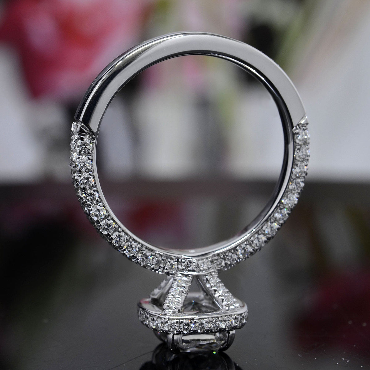 Cushion cut 3 row pave halo round diamond ring | 2