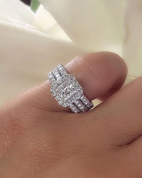 Princess Cut Halo Engagement Ring Set with 2 Bands