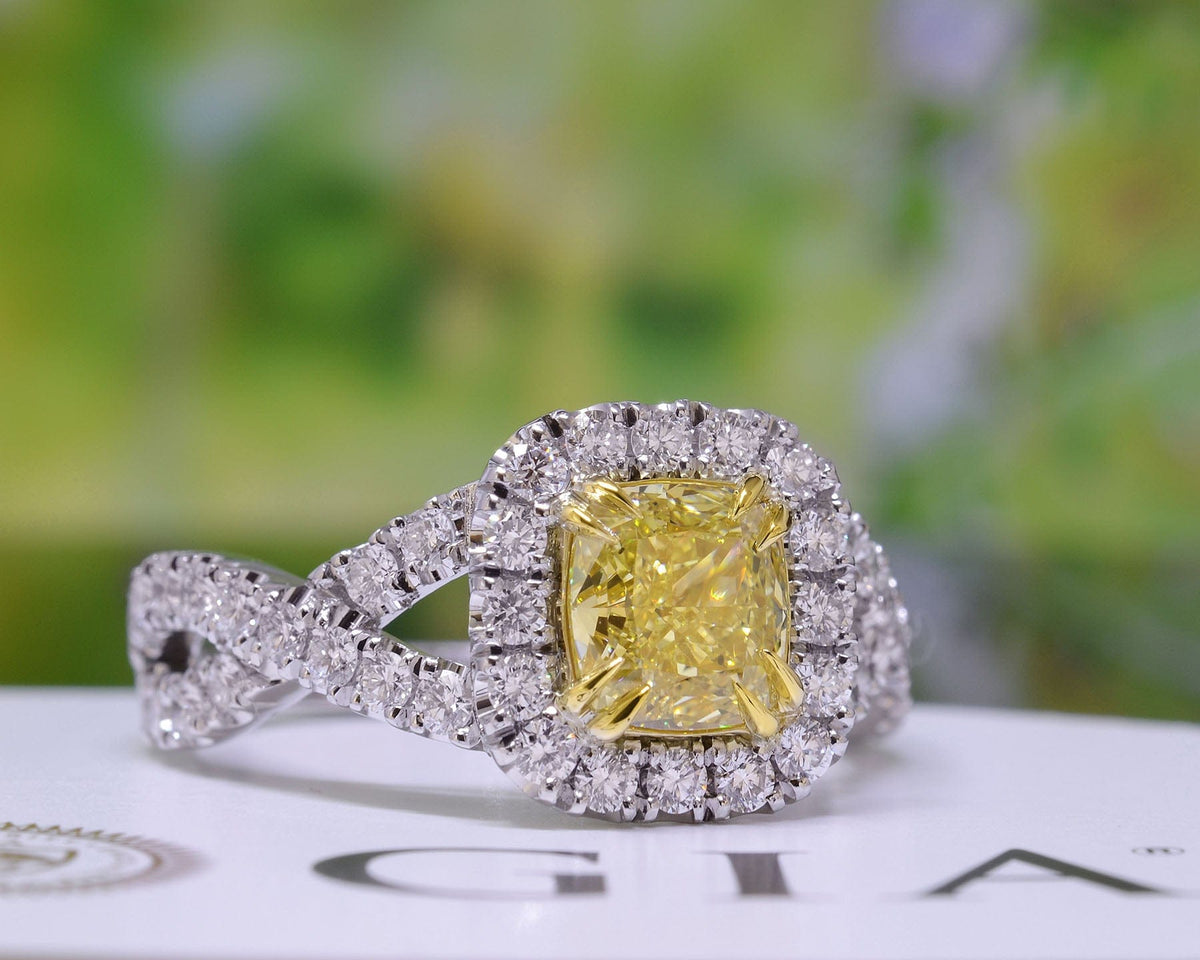 Halo canary fancy yellow cushion cut diamond ring