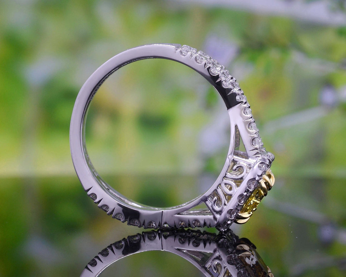 Halo canary fancy yellow cushion cut diamond ring