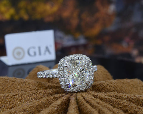 Top Side Halo Cushion Cut Ring 3.9 Ct K VS2 GIA Kingofjewelry