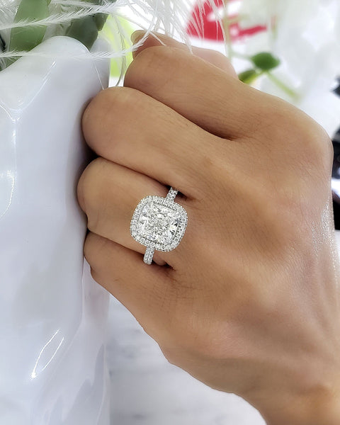 Pave Halo Cushion Cut Engagement Ring on Hand
