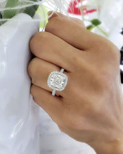 Halo & Hidden Halo Cushion Engagement Ring on finger