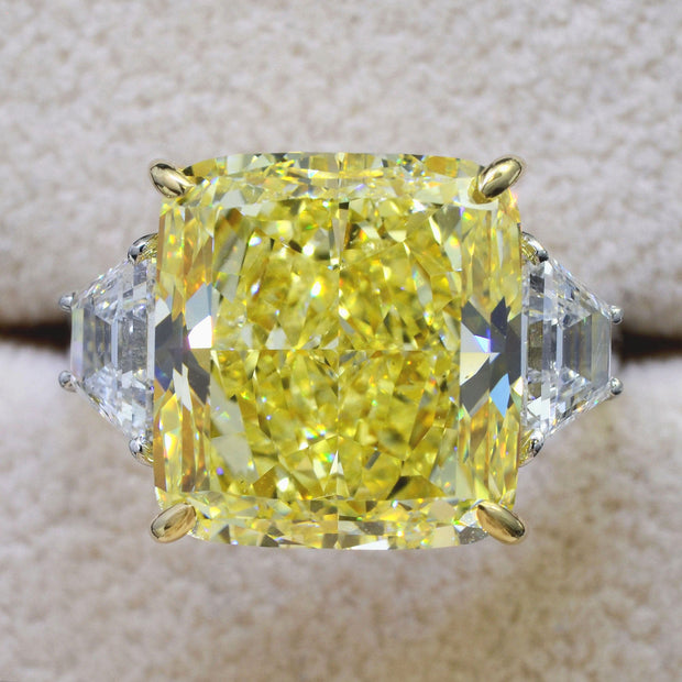 12.26 Ct. Canary Fancy Yellow Cushion & Trapezoids 3 Stone Ring VS2 GIA Certified
