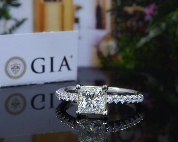 1.80 Ct Princess Cut Engagement Ring & Band H Color VS2 GIA Certified