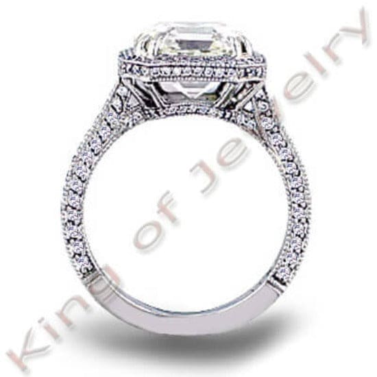 Halo pave princess cut engagement ring profile view