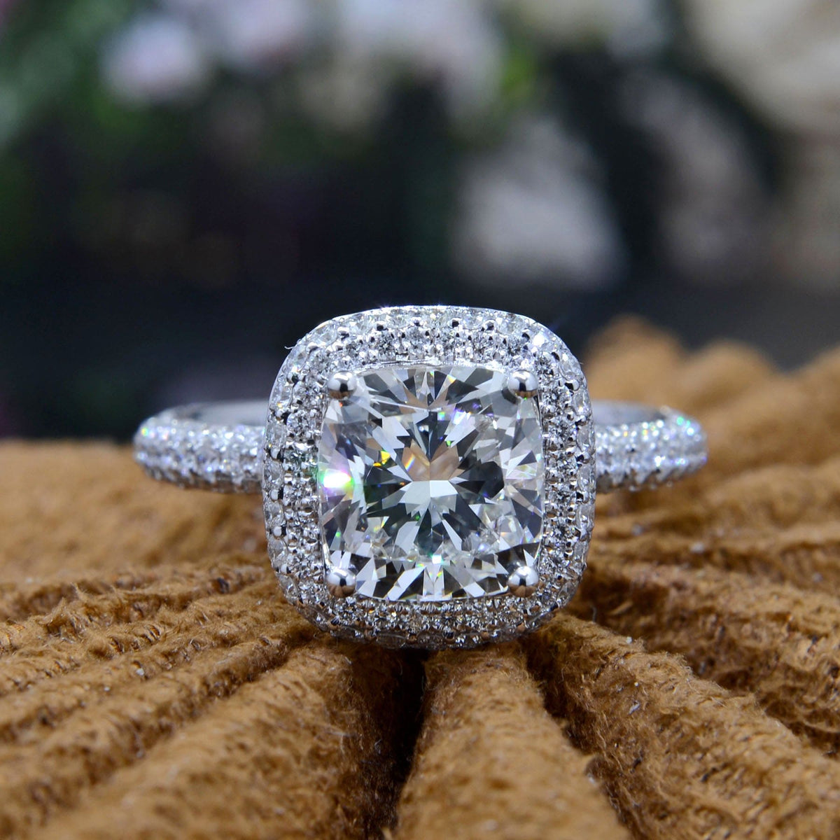 Halo + hidden halo cushion diamond ring 