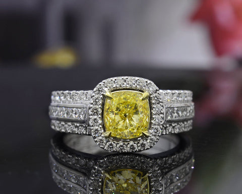 1.85 Ct. Canary Fancy Yellow Cushion Cut Diamond Ring VS2 GIA Certified